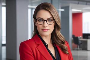 AI generated portrait of a business woman and wearing red suit. photo