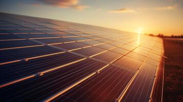 AI generated Solar panels in farm with sunlight, green energy, alternative energy photo