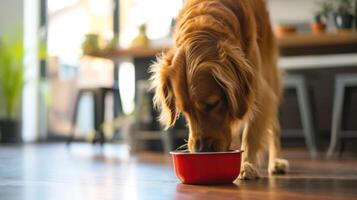 AI Generated A golden retriever dog focused on eating from a red bowl in a home setting. photo