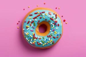 AI generated Donut with sprinkles icing on color background.Generative Ai. photo