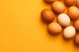 AI generated Top view raw eggs on yellow background.Generative Ai. photo