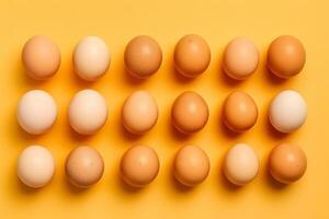 Top view raw eggs on yellow background.Generative Ai. photo