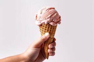 AI generated Hand holding ice cream on purple background photo