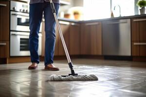 AI generated Butler using a mop in the kitchen.Generative Ai. photo