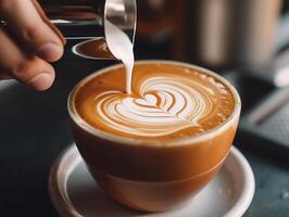 AI generated Hand of pour milk to making latte art coffee at cafe shop.Generative Ai. photo