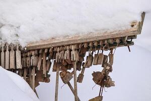 Piano inner parts, wooden piano hammers outdoors covered with white winter snow during day time photo