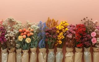 AI generated Collection of dried flowers wrapped in brown kraft paper photo