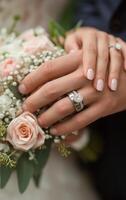 ai generado novia y novio manos durante un Boda ceremonia foto