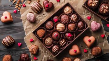 ai generado ilustración de un caja con vidriado chocolate bombones con algunos pequeño rosado corazones foto