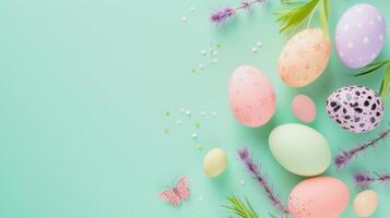 AI generated illustration of easter eggs on light green background, pastel colors with copy space photo
