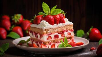 AI generated illustration of a strawberry cake with cream on a plate with strawberries on it photo