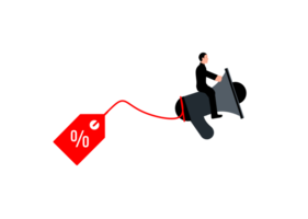 businessman flying with a red tag on a megaphone png