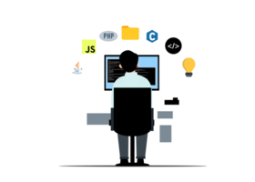 a programmer sitting at a desk with a computer and icons around him png