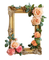 AI generated Golden rectangle photo frame intertwined with roses, Decorative your picture with floral vintage style, AI generated, PNG transparent