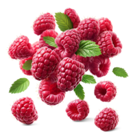 AI generated Ripe Raspberry falling in air with Raspberry leaves, Healthy organic berry natural ingredients concept, AI generated, PNG transparency with shadow