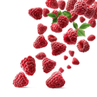 AI generated Ripe Raspberry falling in air with Raspberry leaves, Healthy organic berry natural ingredients concept, AI generated, PNG transparency with shadow