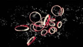 Rings of red onion with drops of water fly up and rotate in flight. Top view. On a black background. Filmed on a high-speed camera at 1000 fps. video