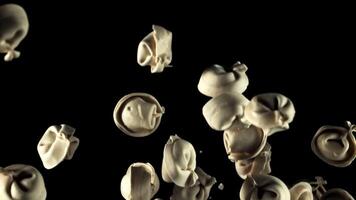 A bunch of raw dumplings fly up and fall down. On a black background. Filmed on a high-speed camera at 1000 fps. High quality FullHD footage video