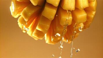 gocce di acqua gocciolare a partire dal fresco Mango. girato su un' alta velocità telecamera a 1000 fps. alto qualità FullHD metraggio video