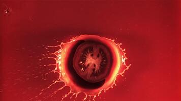 A piece of tomato falls into tomato juice with splashes. Top view. Macro background. Filmed on a high-speed camera at 1000 fps. video