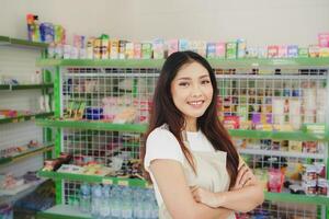 confidente joven asiático mujer como conveniencia Tienda personal en delantal en pie con brazos cruzado sonriente a cámara. foto