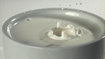 Splashes from a drop of milk. Filmed on a high-speed camera at 1000 fps. High quality FullHD footage video