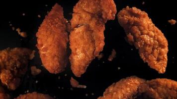 Chicken nuggets fly up and fall down. Filmed on a high-speed camera at 1000 fps. High quality FullHD footage video