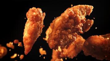 Chicken nuggets fly up and fall down. Filmed on a high-speed camera at 1000 fps. High quality FullHD footage video