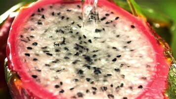Water is poured on a cut dragon fruit. Filmed on a high-speed camera at 1000 fps. High quality FullHD footage video