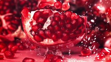 Chunks of fresh pomegranate fall on the table. Filmed on a high-speed camera at 1000 fps. High quality FullHD footage video