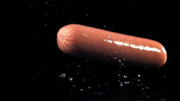 Fresh sausages fall on a wet black table. Filmed on a high-speed camera at 1000 fps. High quality FullHD footage video