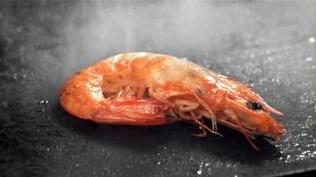 The shrimp is fried in a pan with a splash. Filmed on a high-speed camera at 1000 fps. High quality FullHD footage video