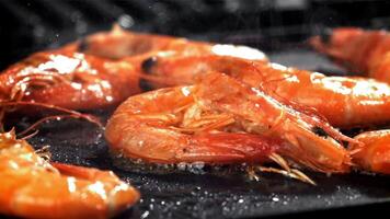 The shrimp is fried in a pan with a splash. Filmed on a high-speed camera at 1000 fps. High quality FullHD footage video