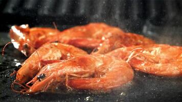 il gamberetto è fritte nel un' padella con un' spruzzata. girato su un' alta velocità telecamera a 1000 fps. alto qualità FullHD metraggio video