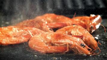 The shrimp is fried in a pan with a splash. Filmed on a high-speed camera at 1000 fps. High quality FullHD footage video