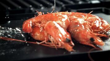 The shrimp falls on a hot frying pan. Filmed on a high-speed camera at 1000 fps. High quality FullHD footage video