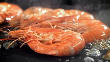 The shrimp is fried in a pan with a splash. Filmed on a high-speed camera at 1000 fps. High quality FullHD footage video