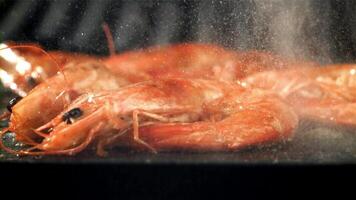 The shrimp is fried in a pan with a splash. Filmed on a high-speed camera at 1000 fps. High quality FullHD footage video