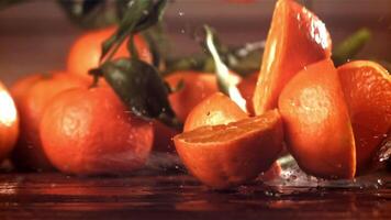 plakjes van vers mandarijnen vallen Aan een houten tafel. gefilmd Aan een hoge snelheid camera Bij 1000 fps. hoog kwaliteit full HD beeldmateriaal video