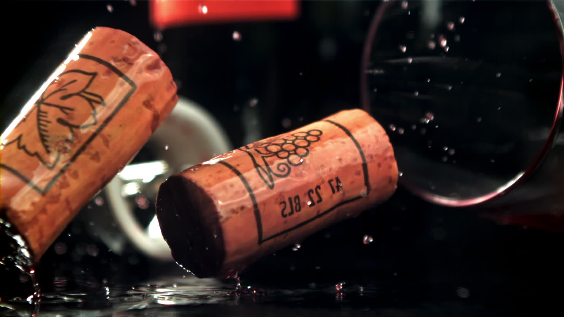 The corks fall into the red wine. Filmed on a highspeed camera at 1000