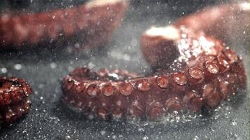 frito pulpo tentáculos en un fritura pan con un chapoteo de aceite. filmado en un alta velocidad cámara a 1000 fps. alto calidad full HD imágenes video