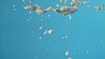 Milk splashes on a blue background. Filmed on a high-speed camera at 1000 fps. High quality FullHD footage video