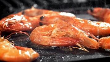 The shrimp is fried in a pan with a splash. Filmed on a high-speed camera at 1000 fps. High quality FullHD footage video