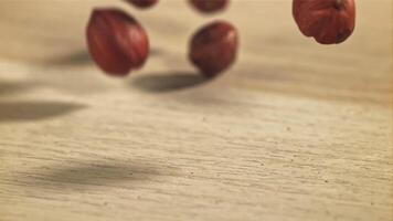 Hazelnuts fall on the table. Filmed on a high-speed camera at 1000 fps. High quality FullHD footage video