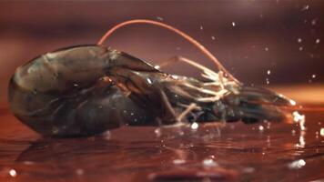 The shrimp falls on a wooden cutting board. Filmed on a high-speed camera at 1000 fps. High quality FullHD footage video