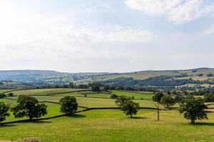 Idyllic countryside landscape with rolling hills, green fields, and scattered trees under a blue sky with fluffy clouds. photo