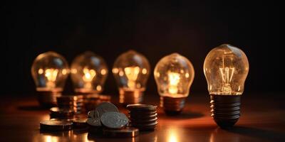 AI generated Light bulbs and coins on the table saving energy and money concept photo