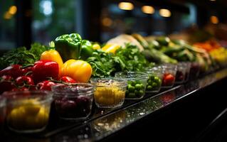 AI generated Supermarket with produce in front. Fresh vegetables in glass jars on table photo