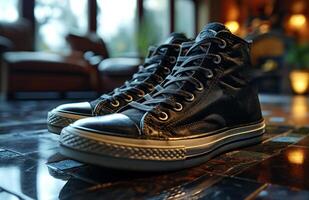 AI generated A black mens sneaker with white soles. A pair of black sneakers is seen placed on top of a table, creating a striking visual contrast. photo