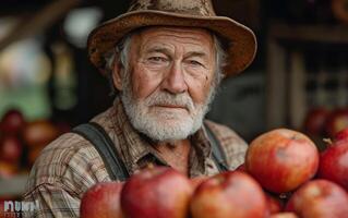 ai generado antiguo granjero con manzanas a el mercado. retirado granjero cosecha arriba un caja de manzanas foto